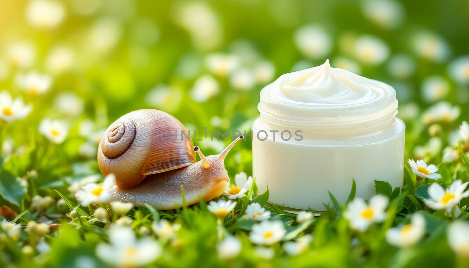 Snail slime cream jar and snail on meadow. Natural cosmetics with mucin.