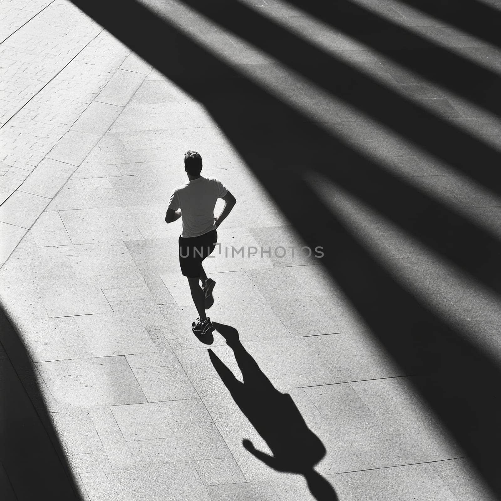 Black and white photo of a runner casting a long shadow on urban pavement, creating a striking silhouette.