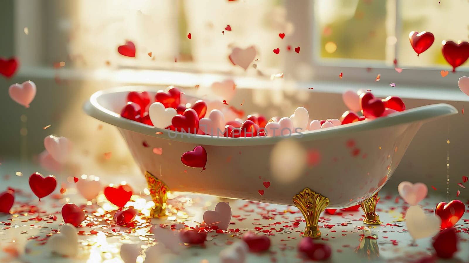 A bathtub full of heart-shaped balloons and confetti; Valentine's Day atmosphere.