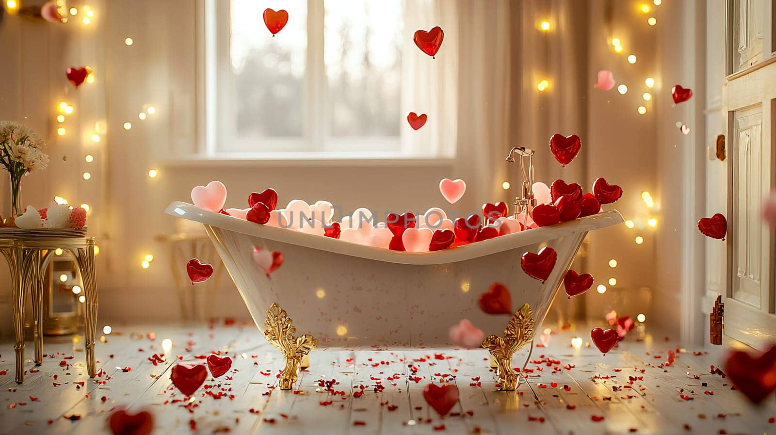 A bathtub full of heart-shaped balloons and confetti; Valentine's Day atmosphere.