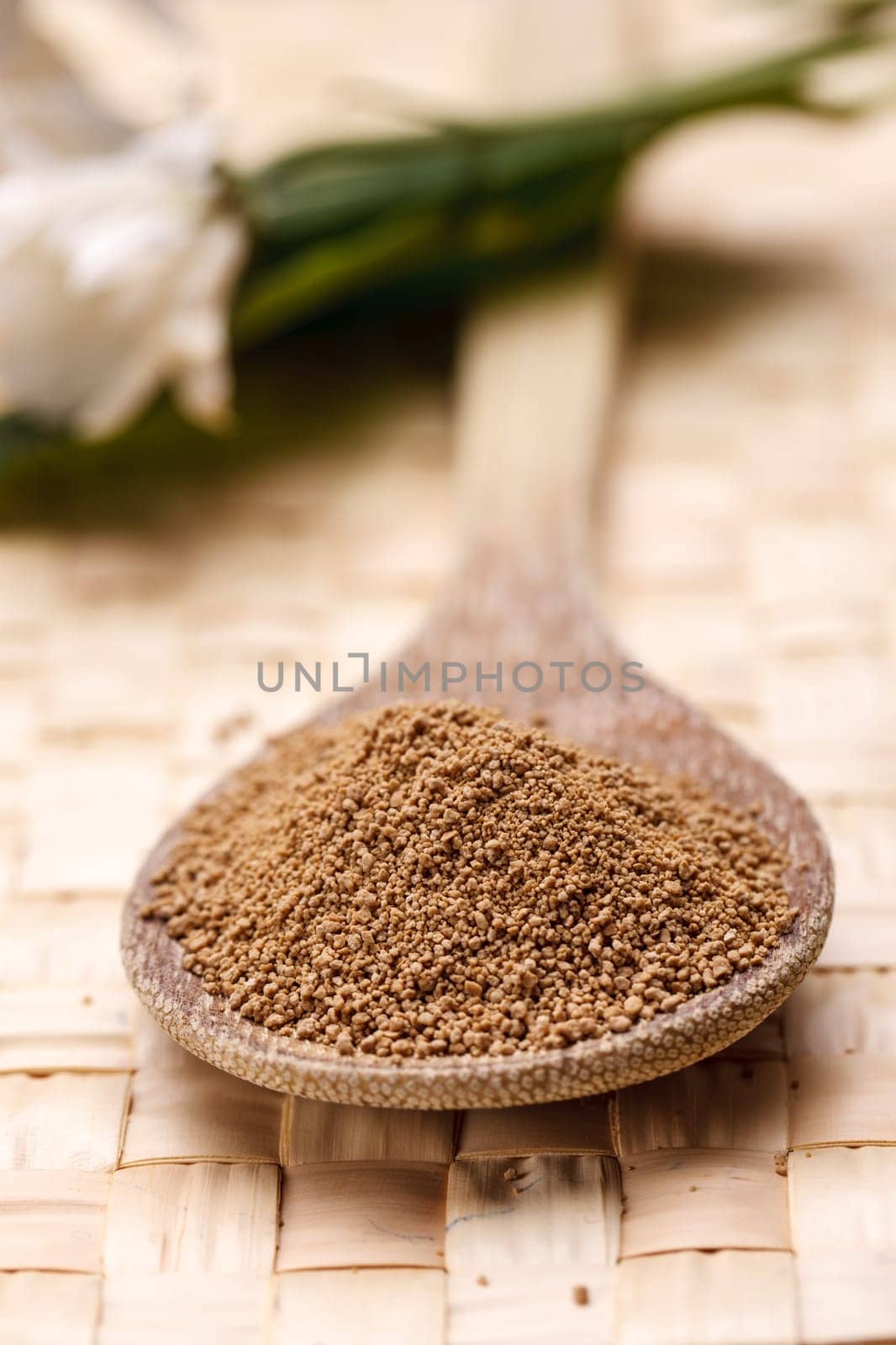 Raw Sucanat sugar displayed on a wooden spoon.