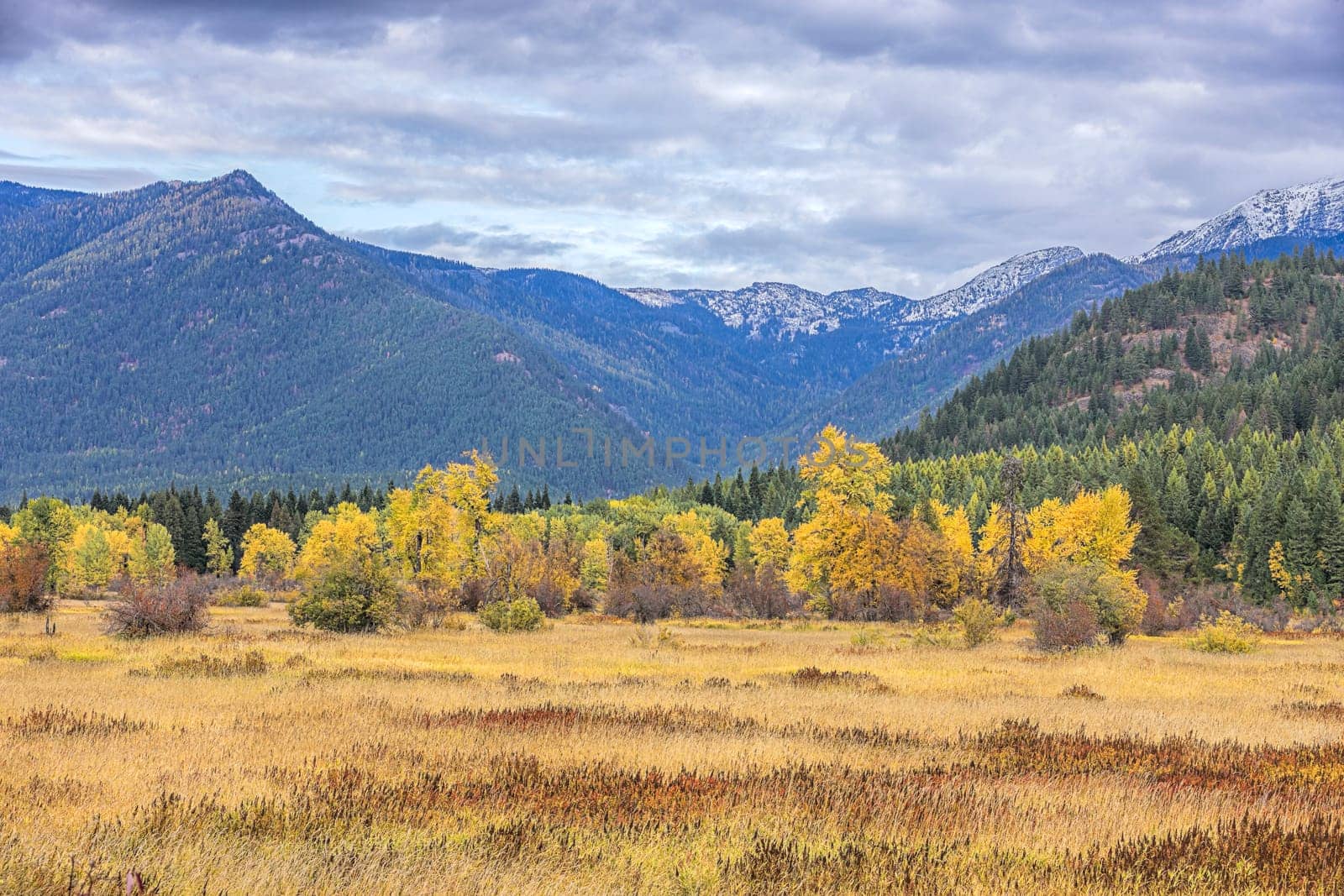 A valley floor leads to autumn trees and high mountains along highway 56 in western Montana.