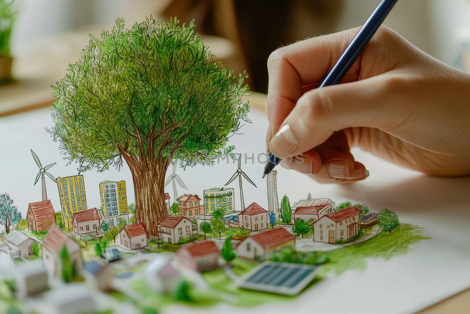 A detailed sketch illustrating a sustainable city concept, showcasing green elements like trees and wind turbines, highlighting eco-friendly living and innovation.