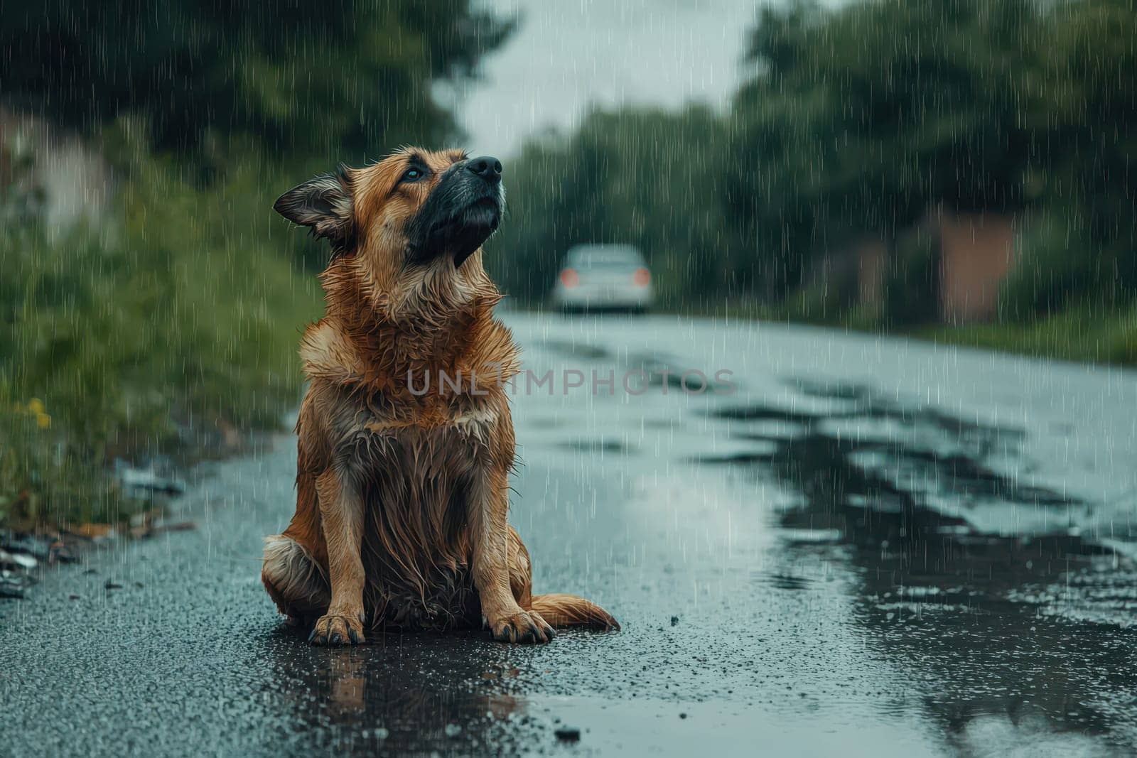 A realistic portrayal of a dog sitting in the rain on a wet road, showcasing emotions of solitude and tranquility in a blurred background.