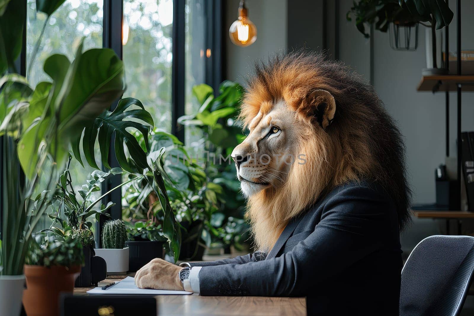 A surreal image of a lion in a suit sitting by an office window, surrounded by lush greenery. This unique setting blends professionalism with a whimsical touch, showcasing an imaginative scene.