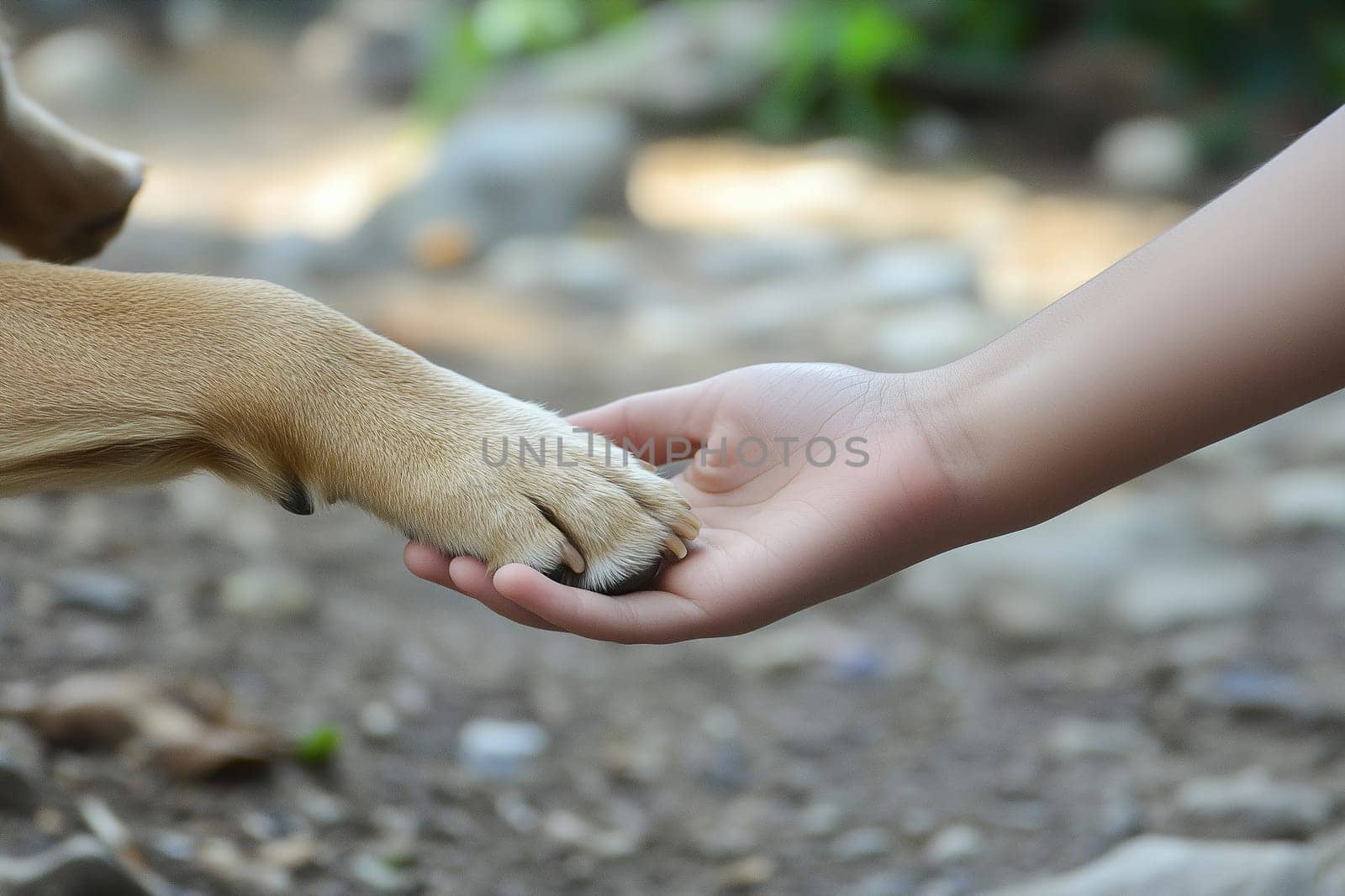 A golden retriever reaches out its paw to gently touch a child's hand in a peaceful outdoor setting, highlighting the bond between animals and humans.