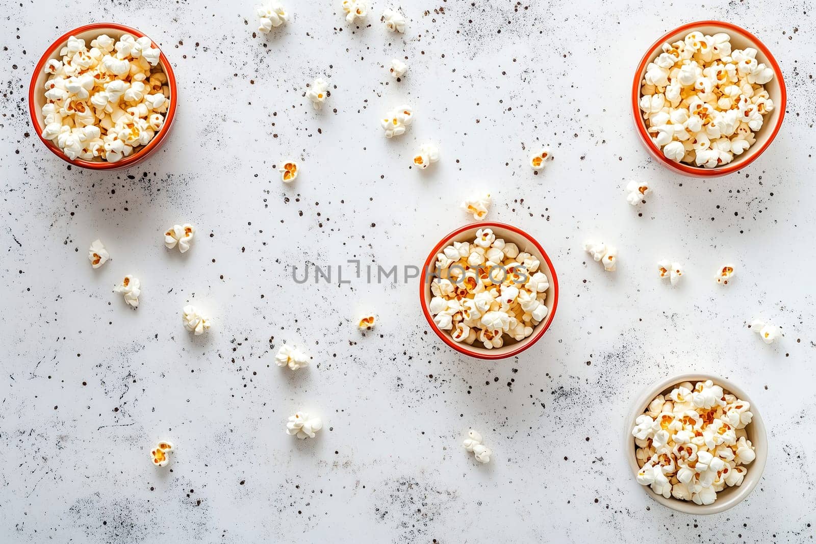 Four bowls of popcorn sit on a textured surface, surrounded by scattered kernels. This casual snack arrangement invites sharing during movie nights.