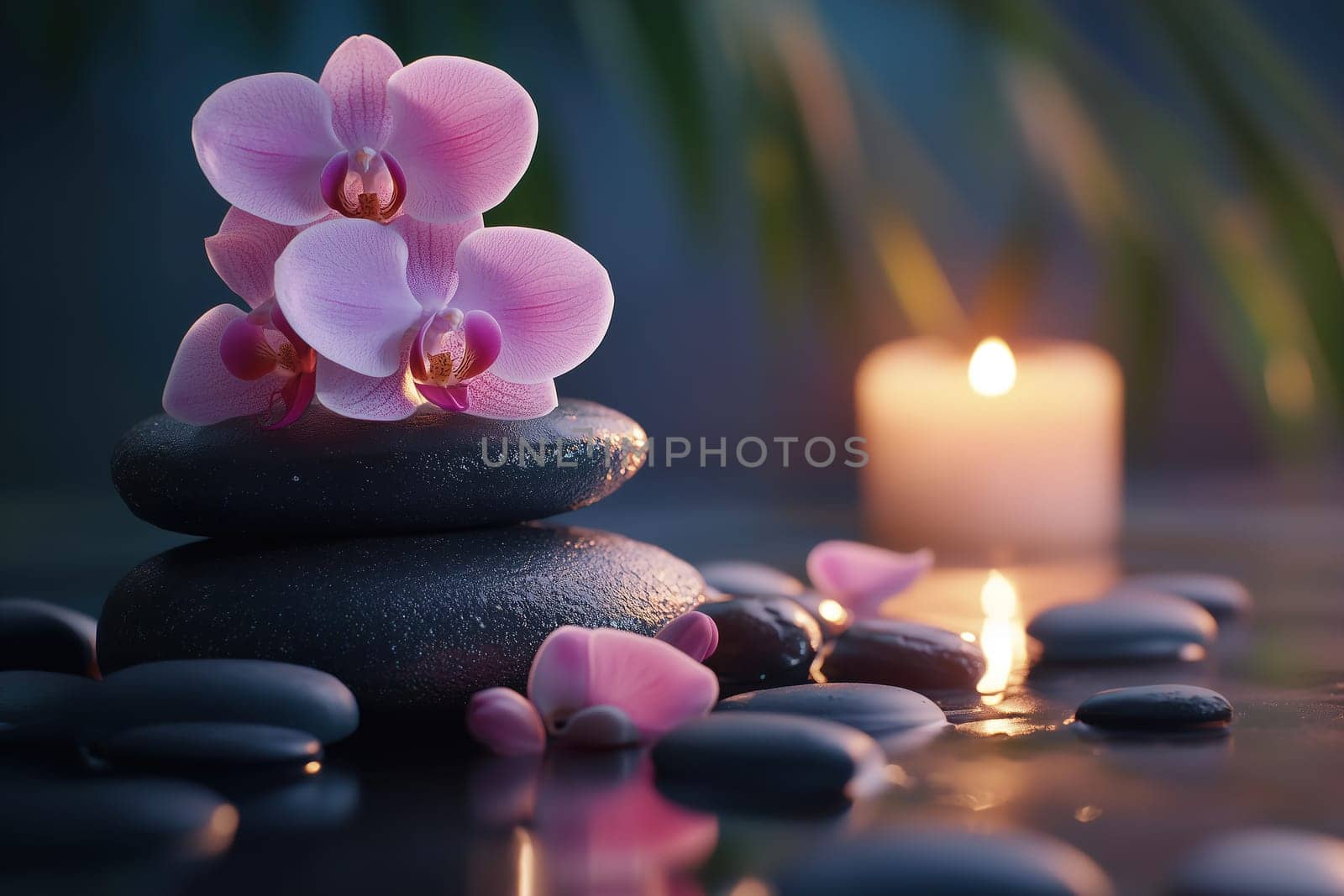 A cluster of pink orchids rests on dark, smooth stones next to a flickering candle. The tranquil arrangement radiates calmness, ideal for relaxation and meditation.