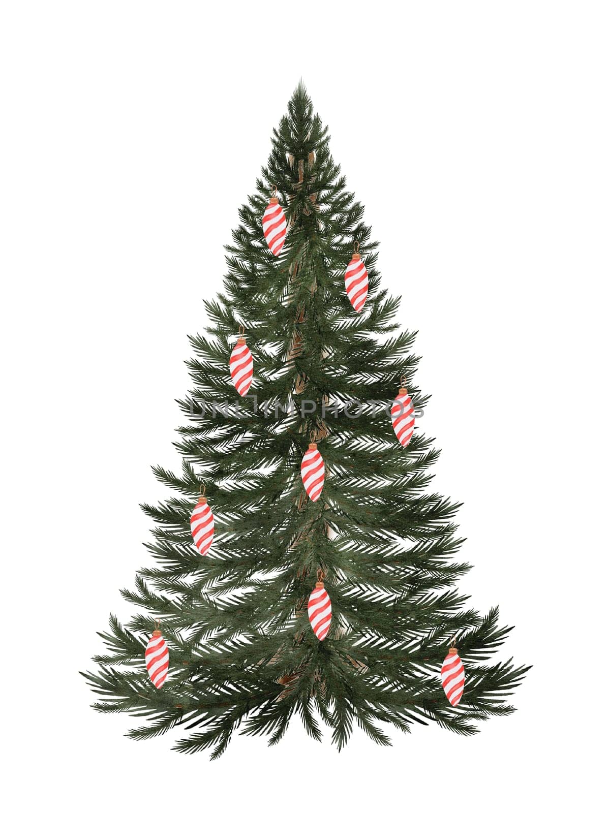 Christmas card with a Christmas tree watercolor. Hand drawn vintage evergreen tree with with vintage toys isolated on white background. Clip art of Christmas and New Year symbol. Ideal for greeting cards, posters and home crafts design. High quality illustration