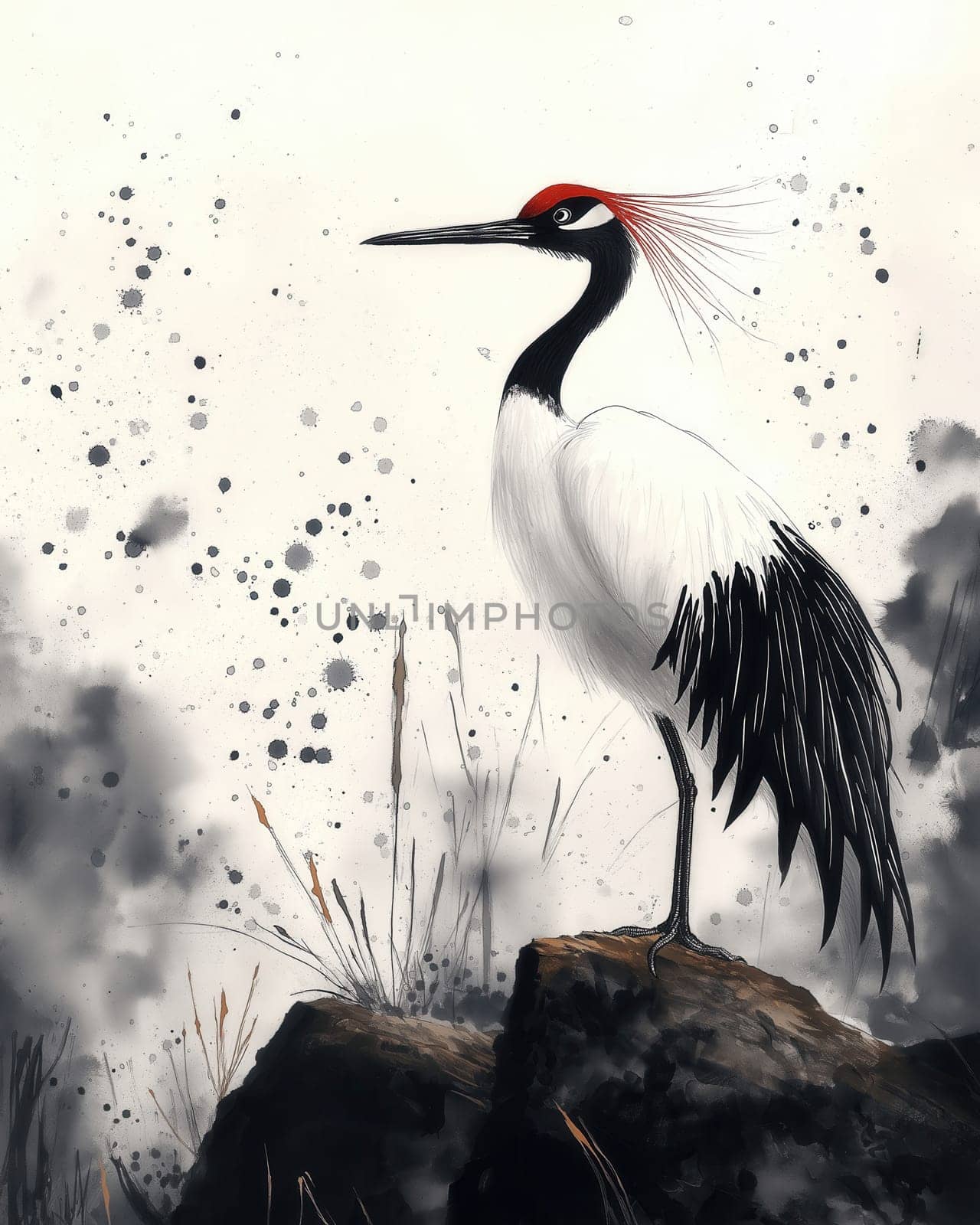 Sketch of a crane bird on a light background. Selective focus.