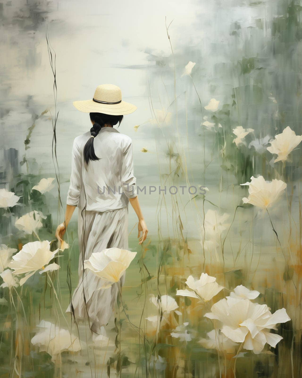 Painting woman in hat walking among flowers, abstract painting. Selective focus.