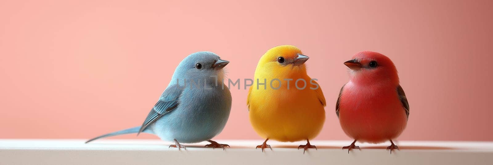 Little birds sit together on a colored background. Selective focus.