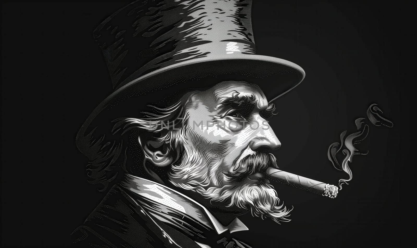 Monochrome portrait of a man in a hat and with a cigar. Selective focus.