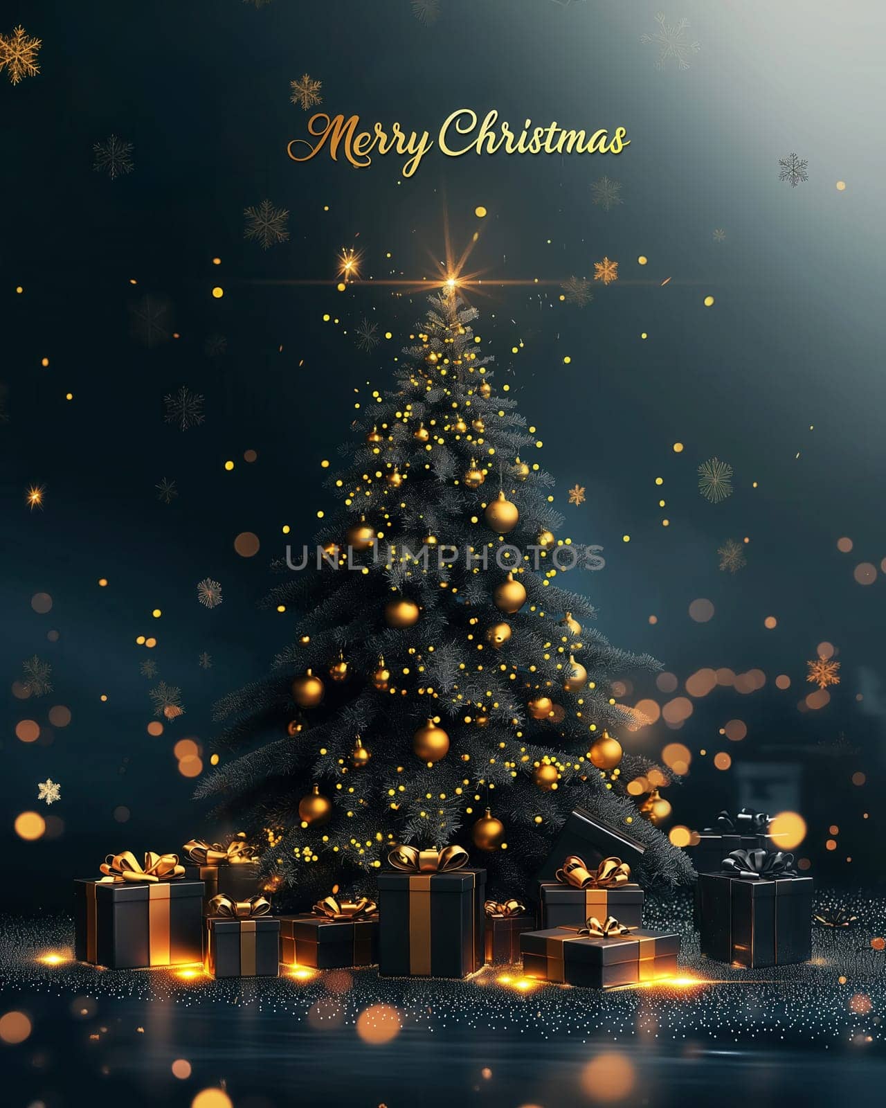A greeting Christmas card with the text Merry Christmas. Selective focus.
