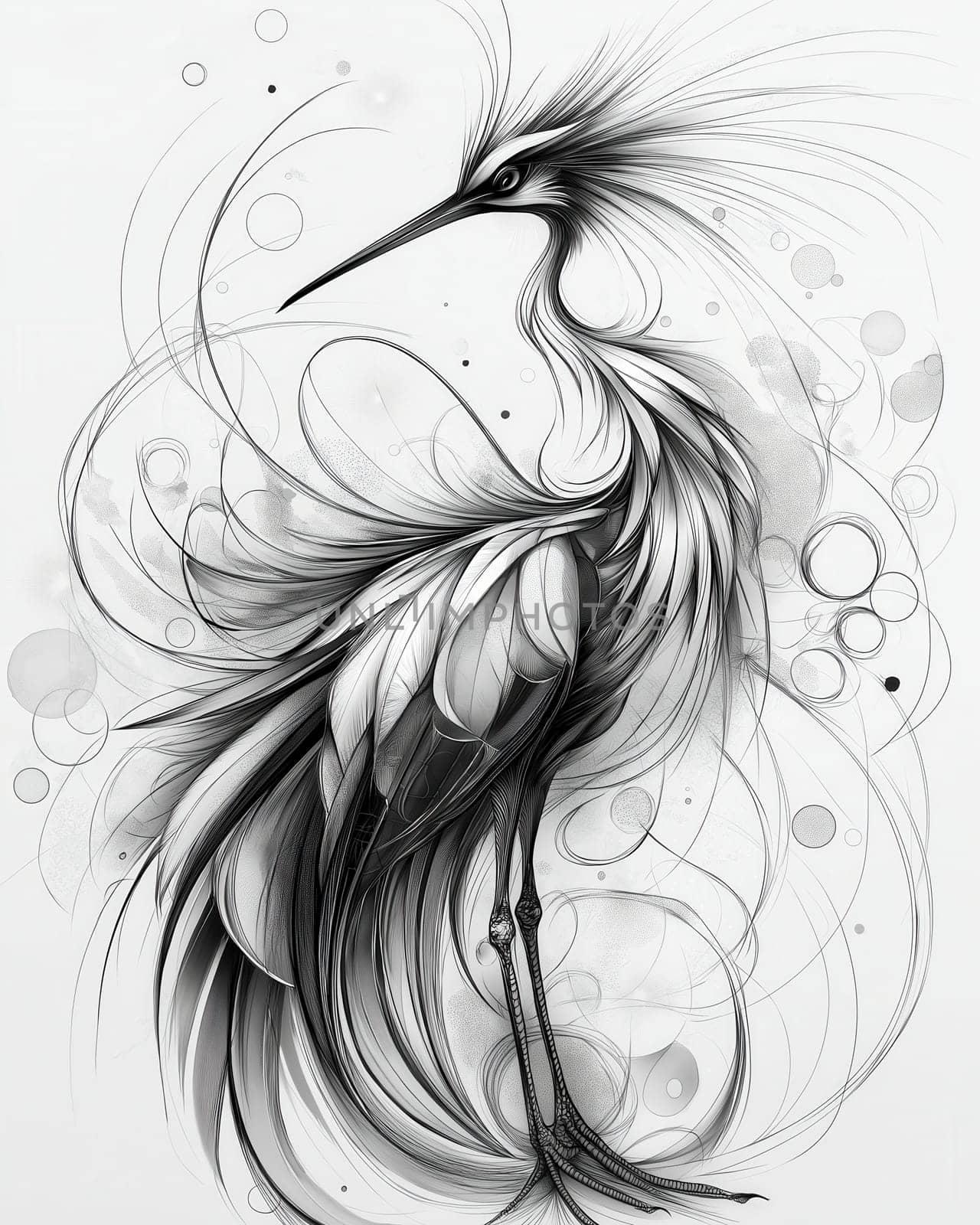 Sketch of a crane bird on a light background. Selective focus.