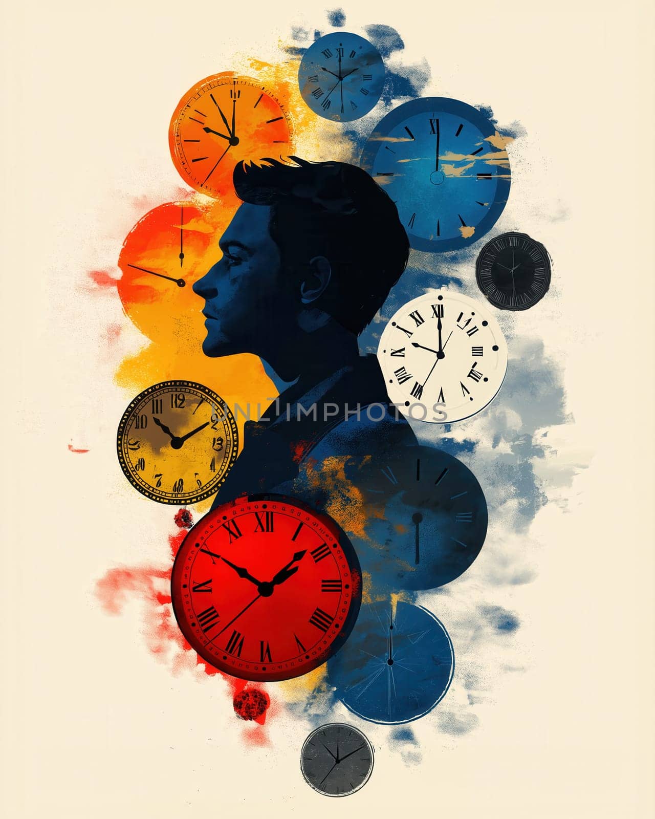 Clock on an abstract background, emphasizing the passage of time and retro design. Selective focus.