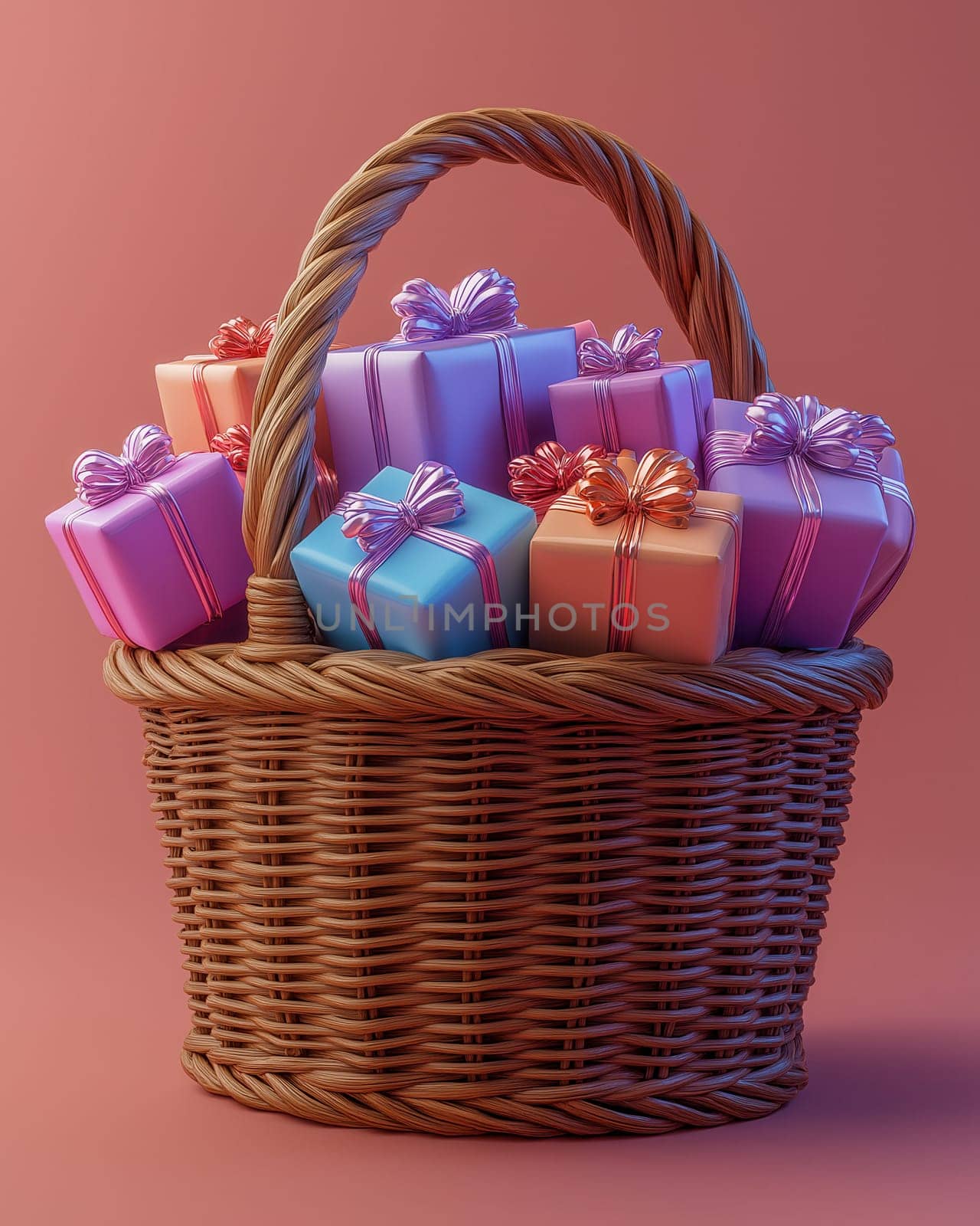 Wicker basket filled with gift boxes. Selective focus.