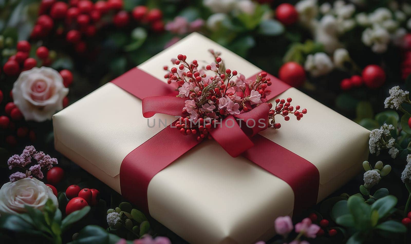 Gift box with flowers on the table. Selective focus.