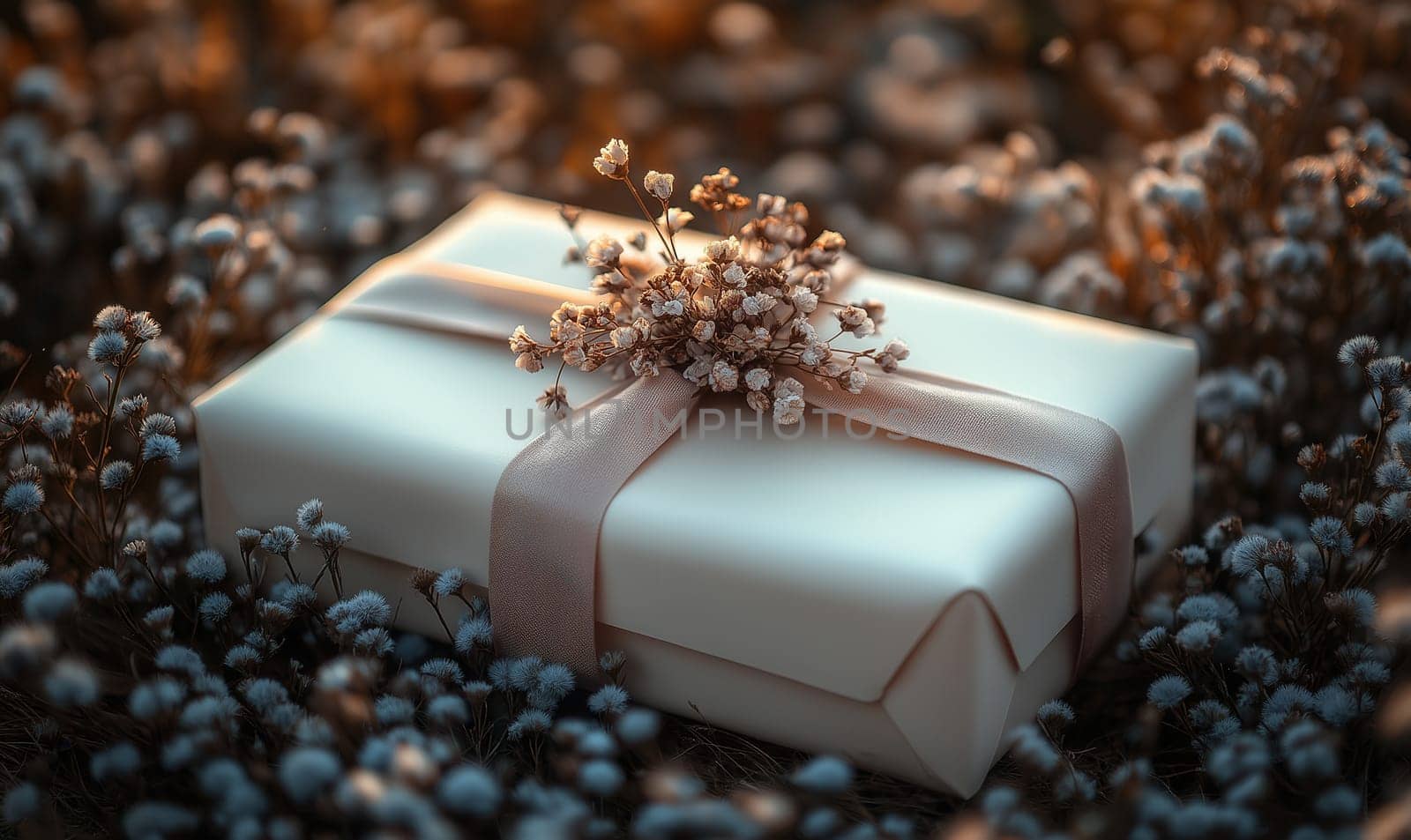 Gift box with flowers on the table. Selective focus.