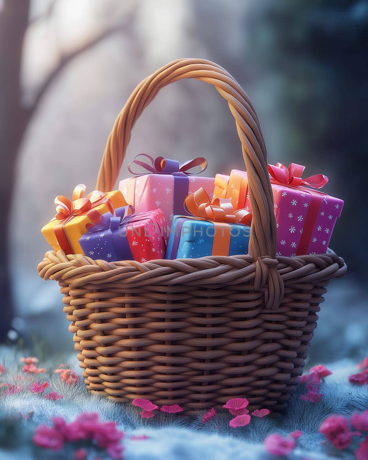 Wicker basket filled with gift boxes. Selective focus.
