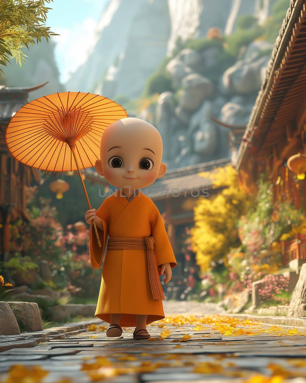 cartoon 3d asian child monk with umbrella.