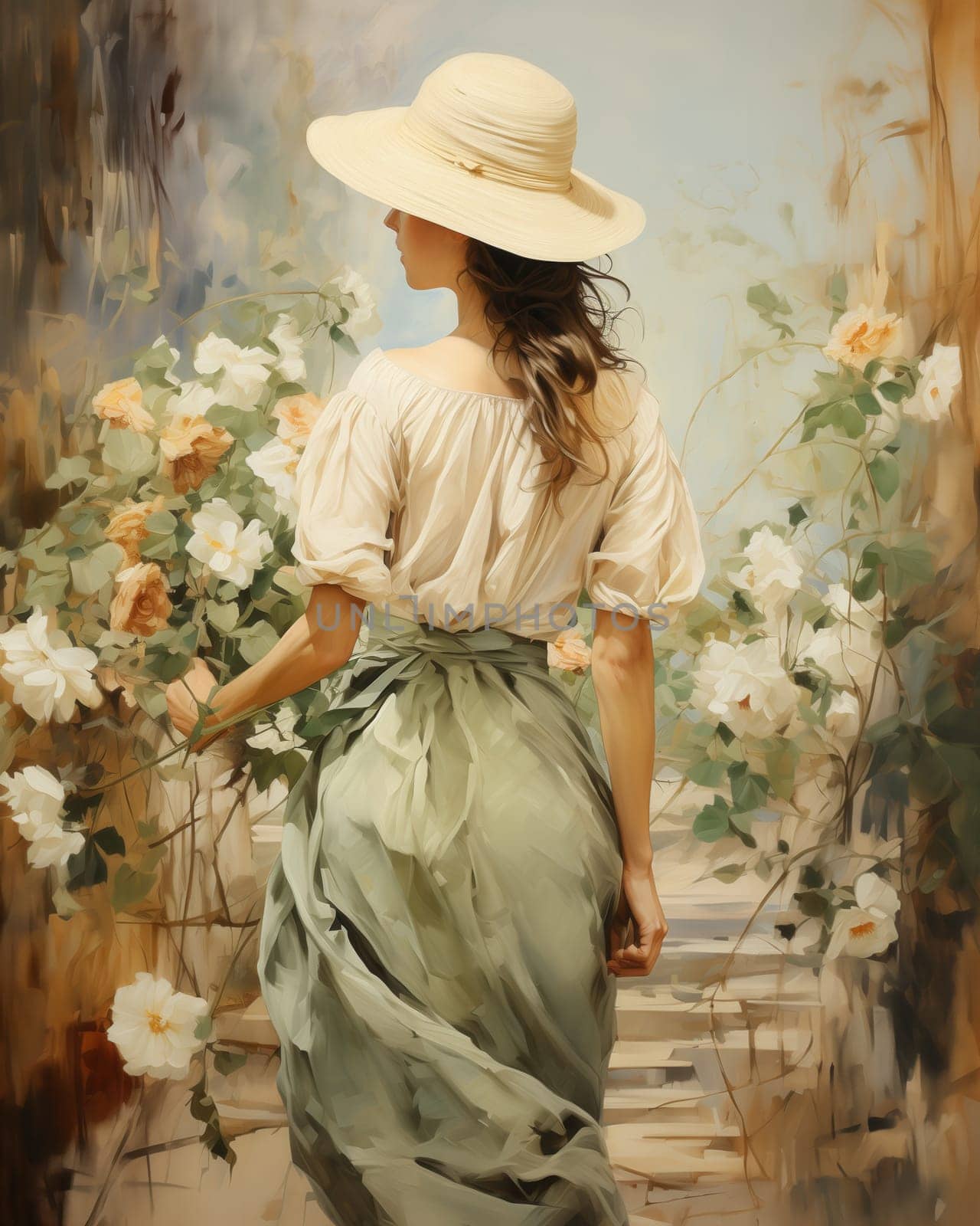 Painting woman in hat walking among flowers, abstract painting. Selective focus.