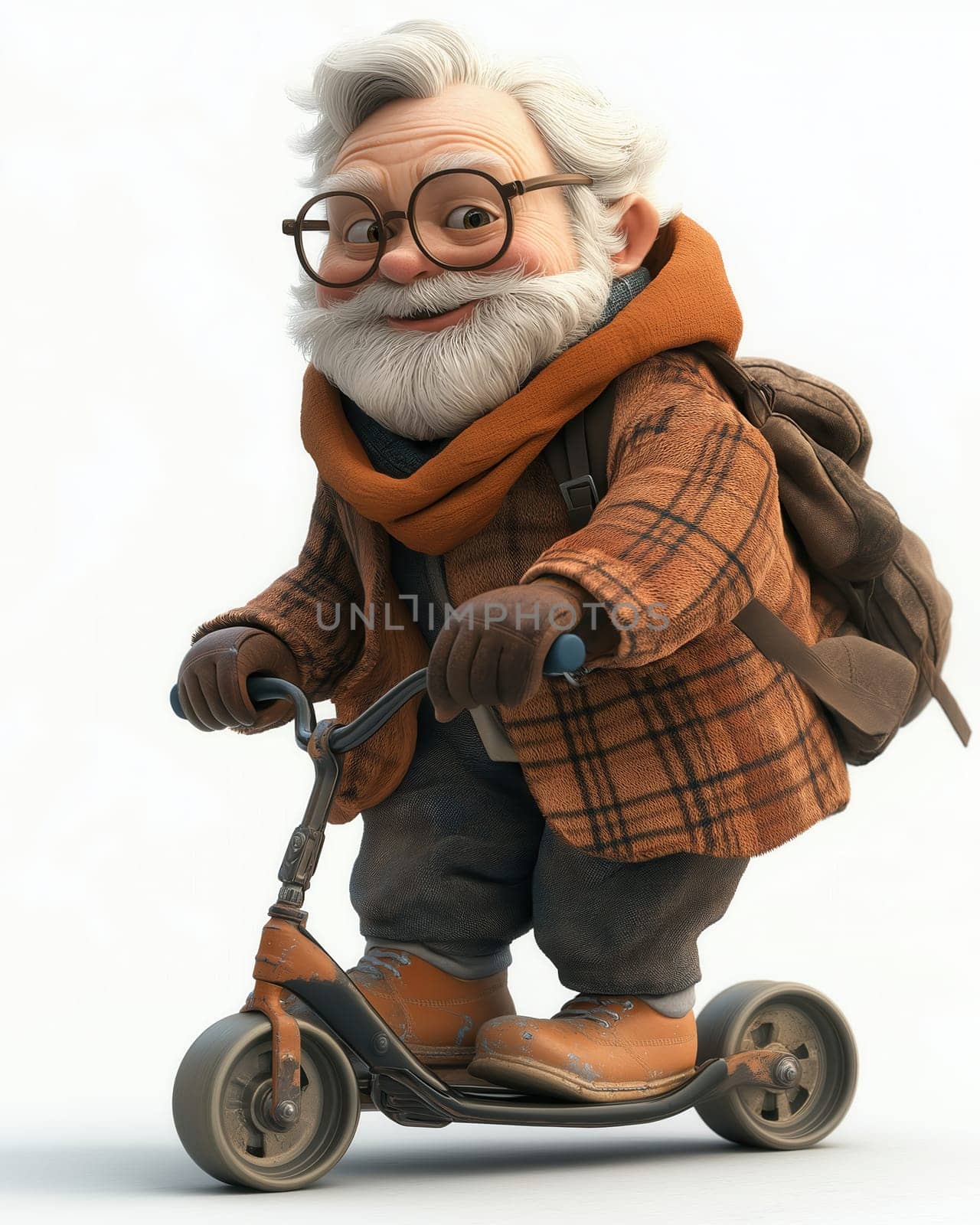 Cartoon elderly man in stylish clothes riding an electric roller on a white background. Selective focus.