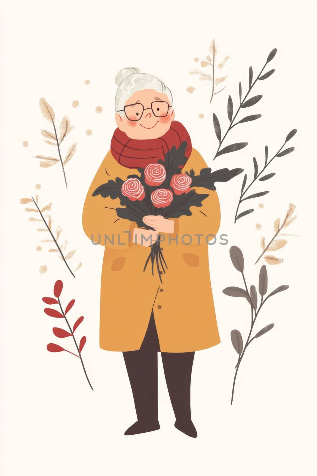 An elderly woman with a bouquet of flowers. High quality photo