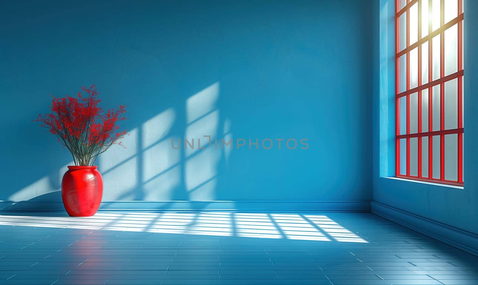 Empty room with a window with blue walls. Selective focus.