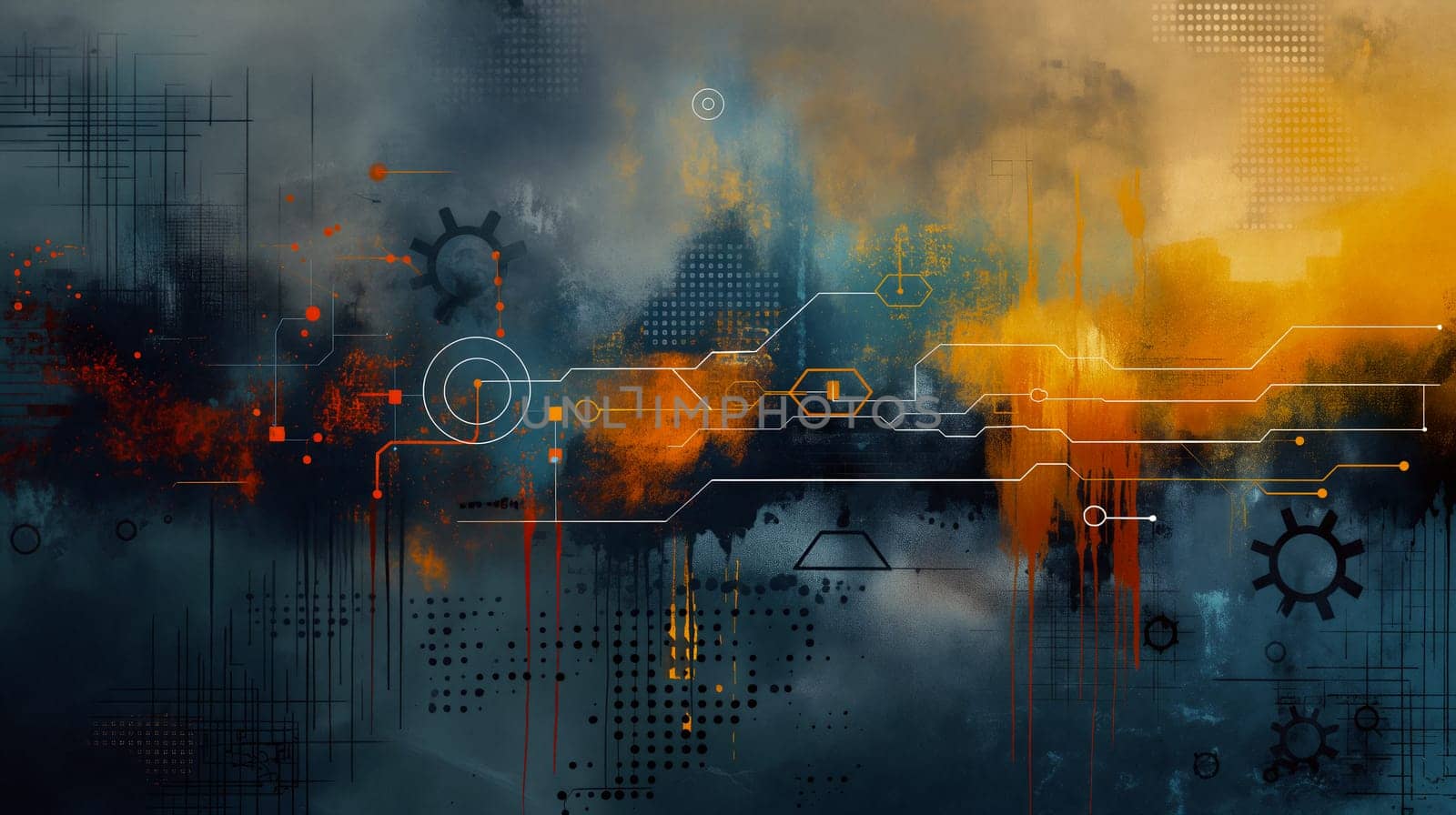 A colorful blend of abstract shapes and patterns creates a dynamic composition that evokes a sense of technology and innovation during early morning light - Generative AI