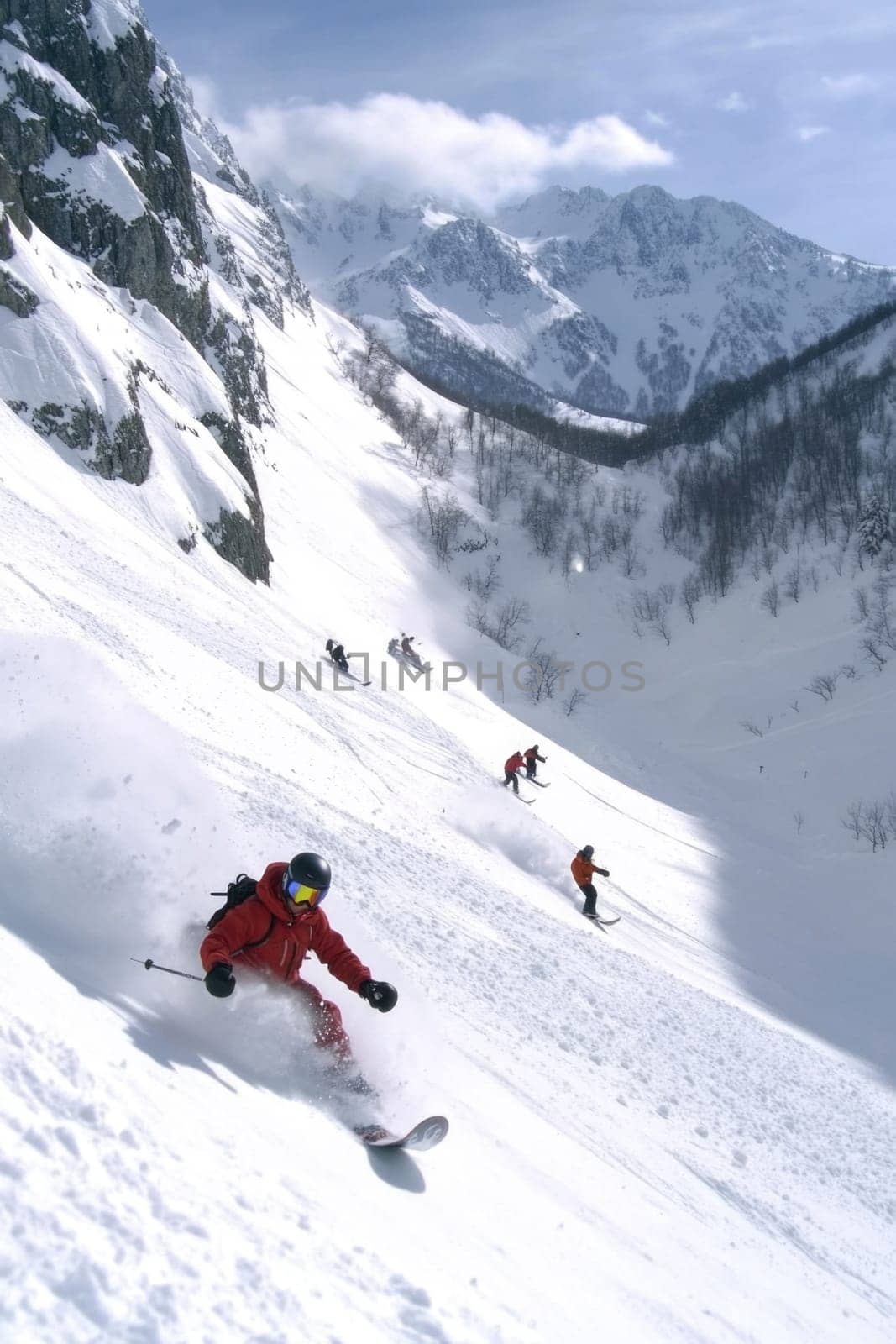 Mountain descent: snowboarder carving through fresh powder in winter mountains, capturing essence of outdoor sports and exhilaration of gliding down pristine slopes under sky