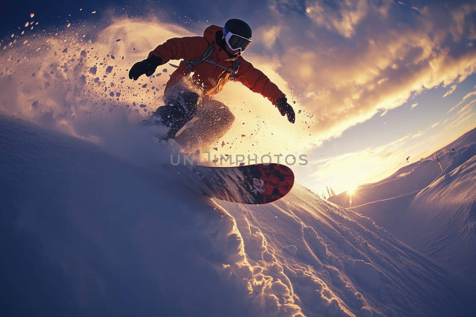 Mountain descent: snowboarder carving through fresh powder in winter mountains, capturing essence of outdoor sports and exhilaration of gliding down pristine slopes under sky