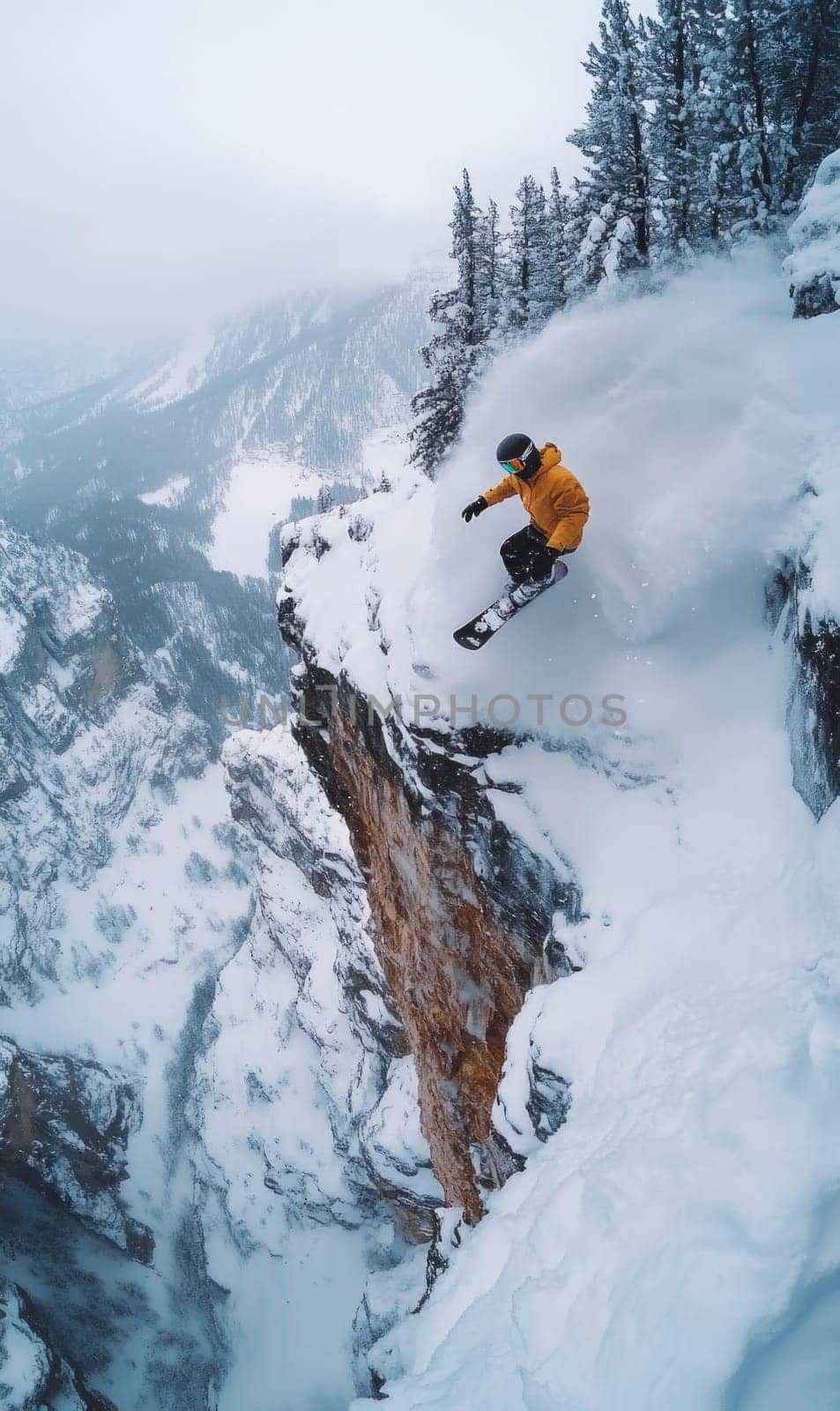 Winter thrill: snowboarder navigating snowy slopes of winter mountains, showcasing skill, adrenaline while enjoying breathtaking scenery and vibrant atmosphere of a snowy adventure