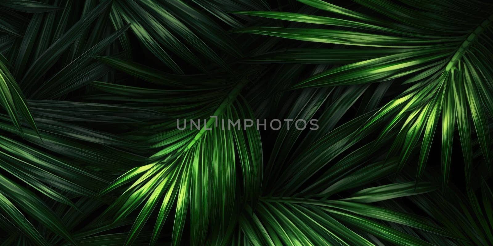 Dark green palm leaves dramatic photo effect background, realism, realistic, hyper realistic. Generative AI weber. by biancoblue