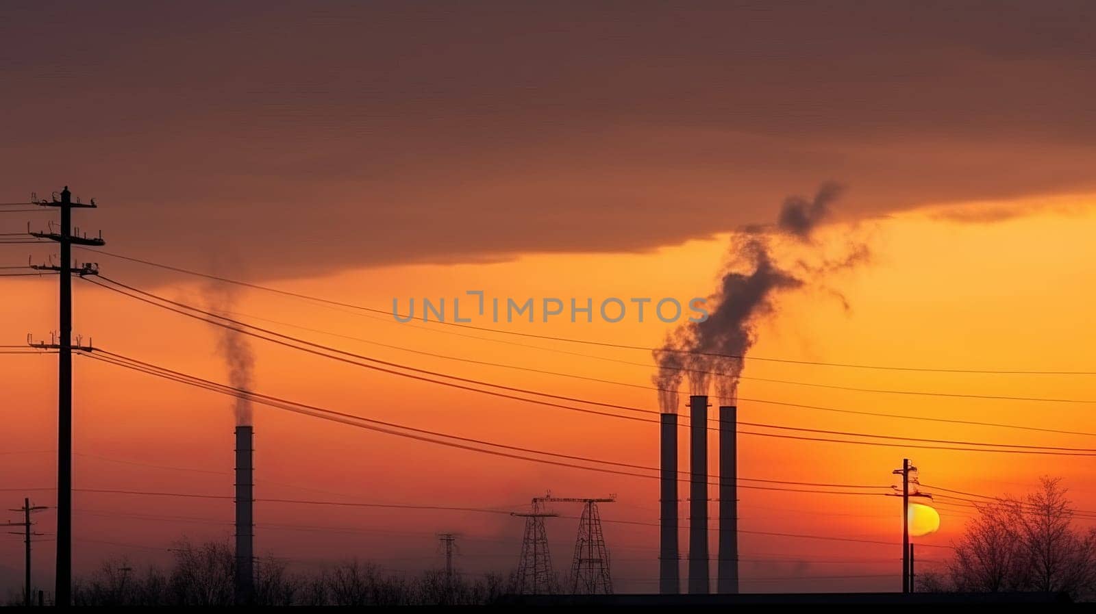 silhouettes of industrial chimneys with thick smoke against an orange sunset sky.