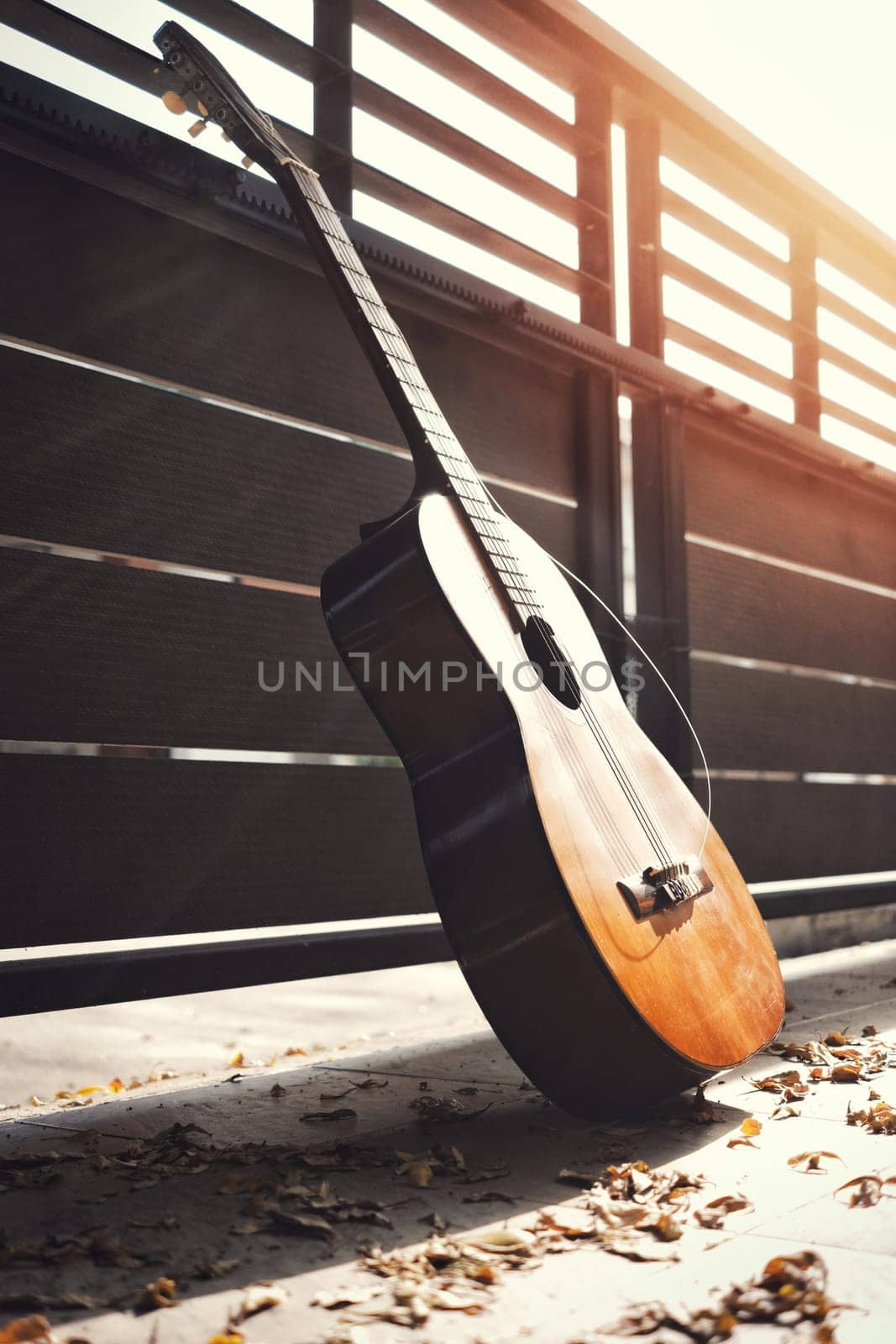 closeup breaked  string on vintage classical guitar.