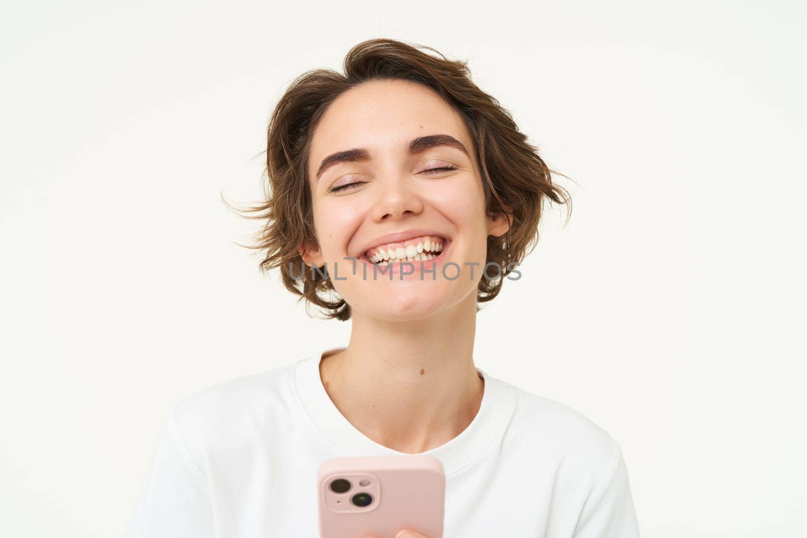 Image of happy smiling woman with smartphone, isolated on white background.
