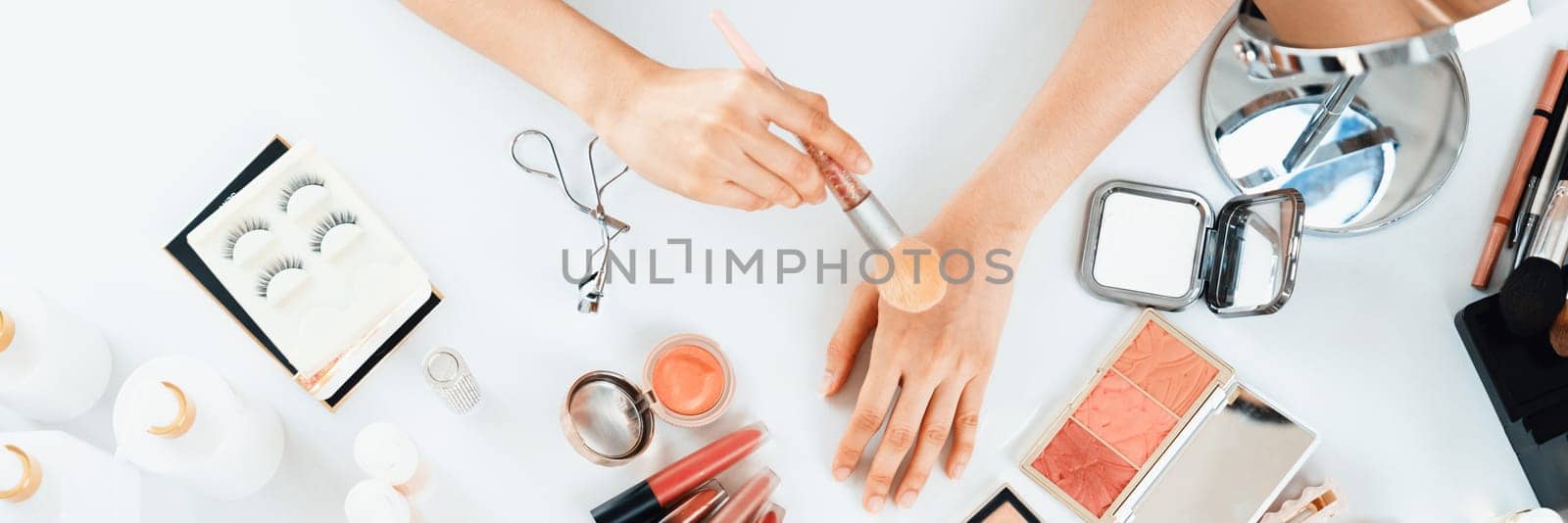 Close up top view image of beauty blogger or influencer shoot uttermost social media marketing or tutorial on online live streaming platform