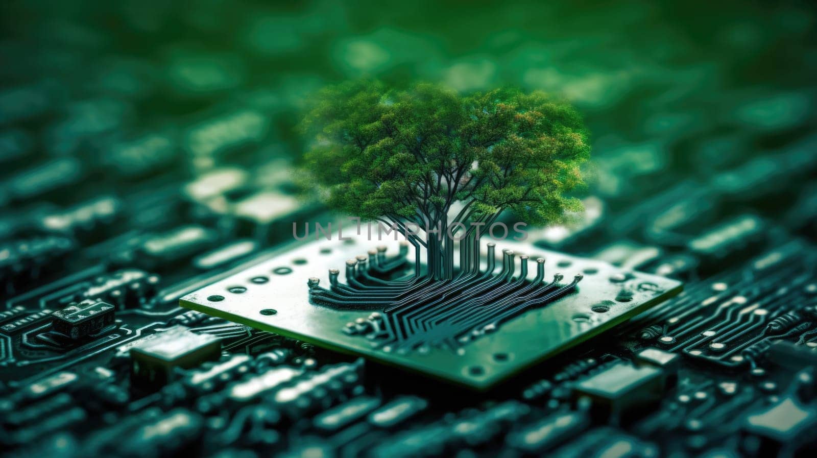 A beautiful large tree growing on the micro chip computer circuit board showing concept of digital business CSR and ethics ESG, waste management. Generative AI weber. by biancoblue