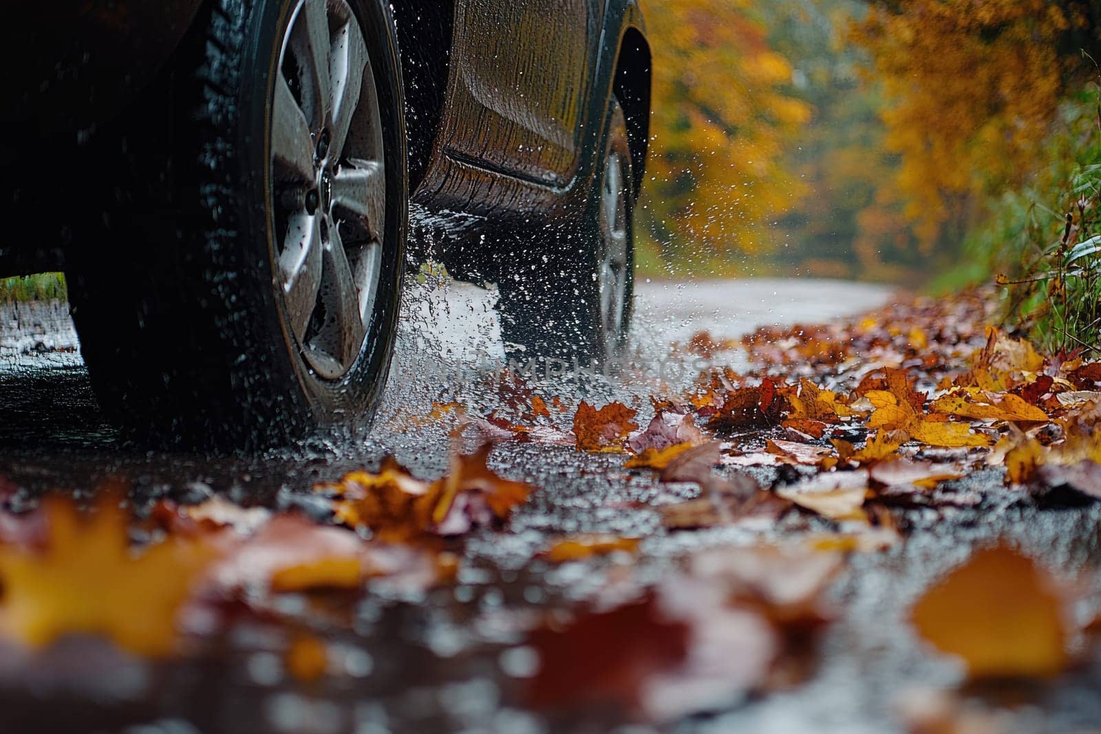 Safe journey: vehicle cautiously navigating a damp roadway, emphasizing the importance of driving safety and vehicle control on slippery surfaces while adapting to challenging wet road conditions