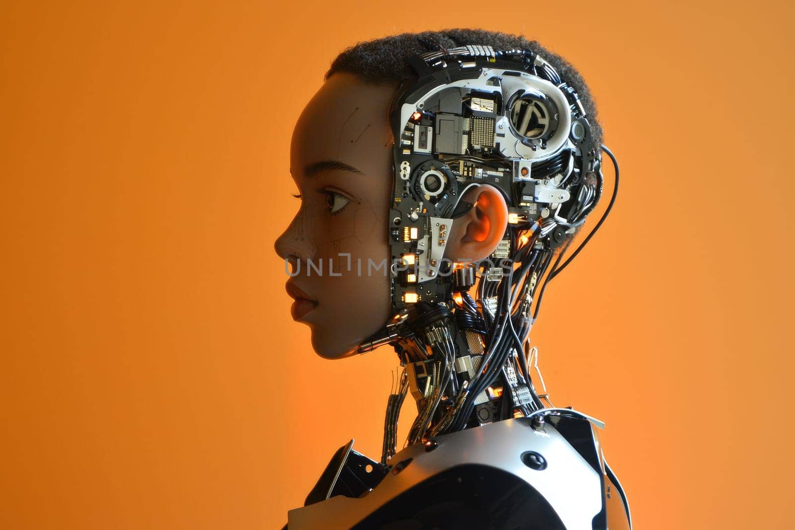 A striking profile view of a human-like robot, featuring intricate mechanics and vibrant wires set against a bold orange backdrop, highlighting innovation in technology design.