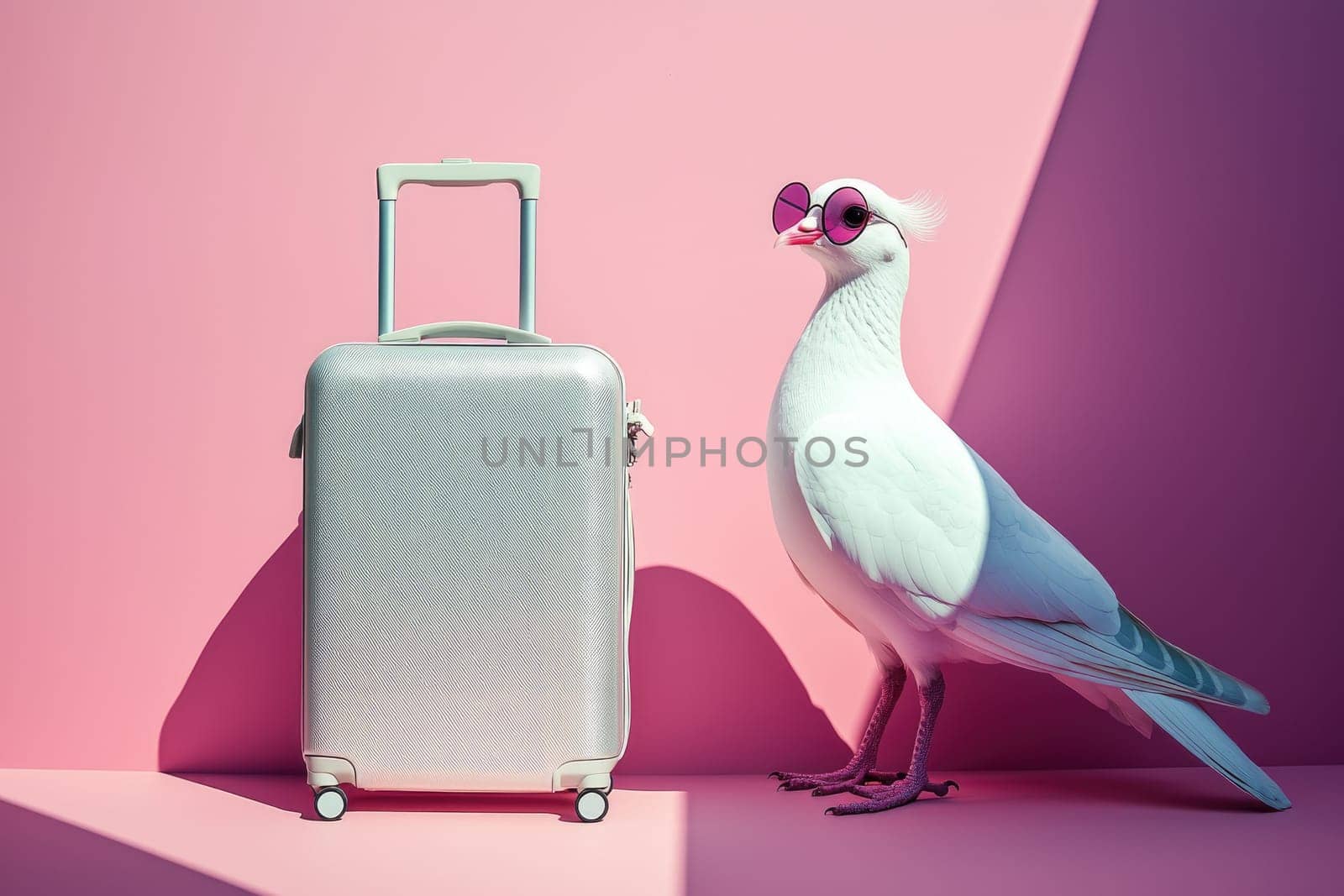 A whimsical image featuring a stylish white pigeon wearing sunglasses, standing next to a silver suitcase against a bright pink background, perfect for creative travel themes.