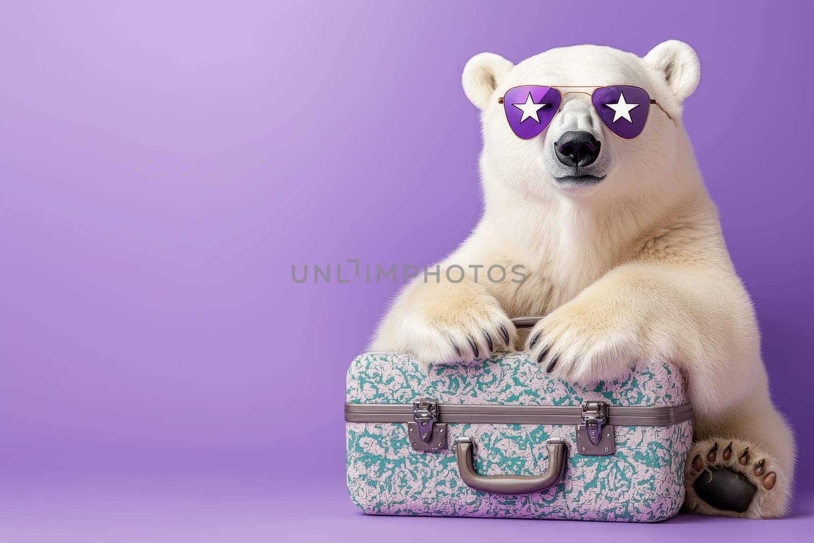 This whimsical image features a playful polar bear wearing stylish sunglasses, relaxing beside a vintage suitcase, perfect for fun travel themes and creative projects.