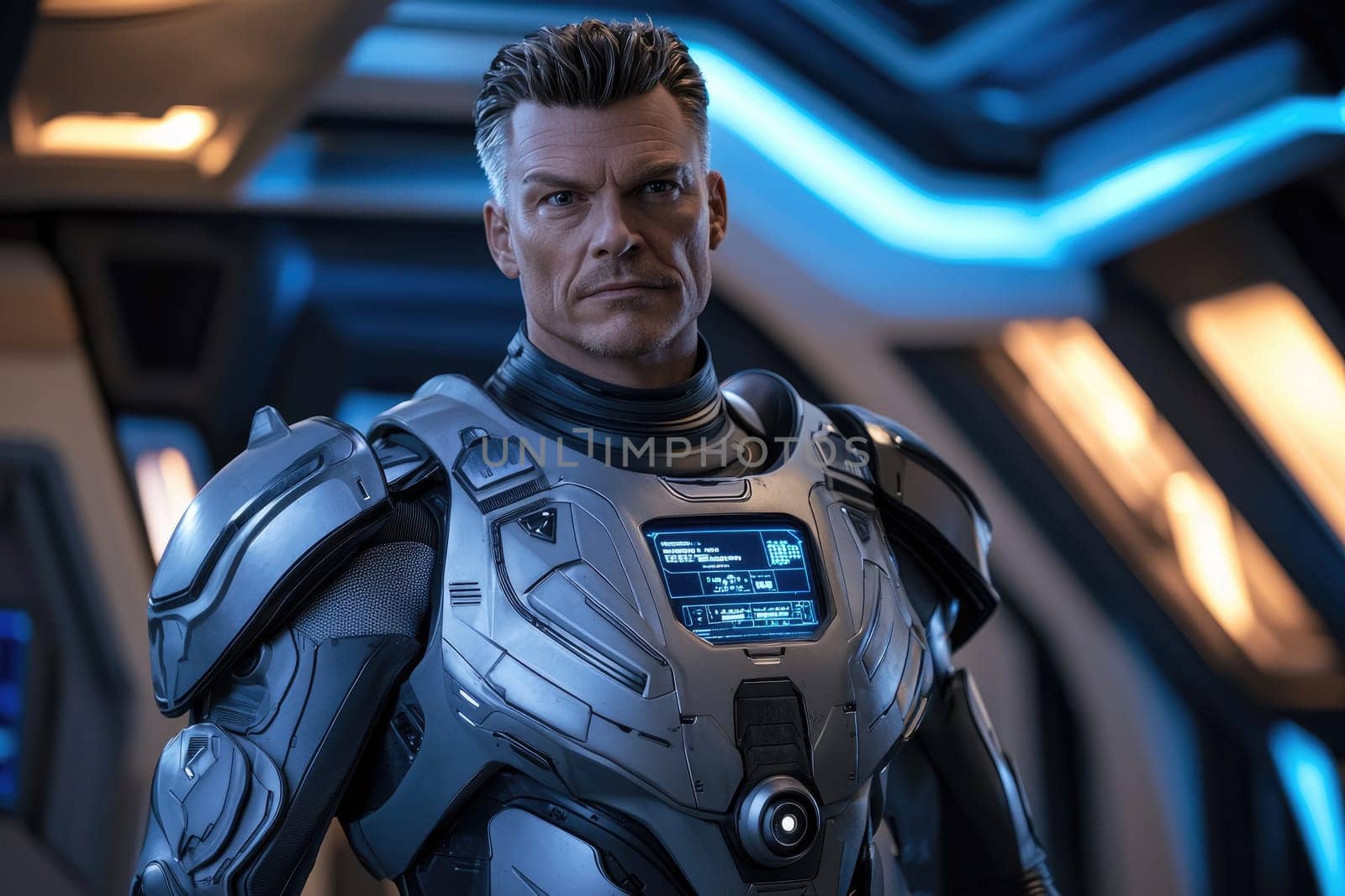 A striking portrait of a male character wearing advanced sci-fi armor, featuring a digital display, set against a high-tech backdrop that evokes themes of exploration and innovation.