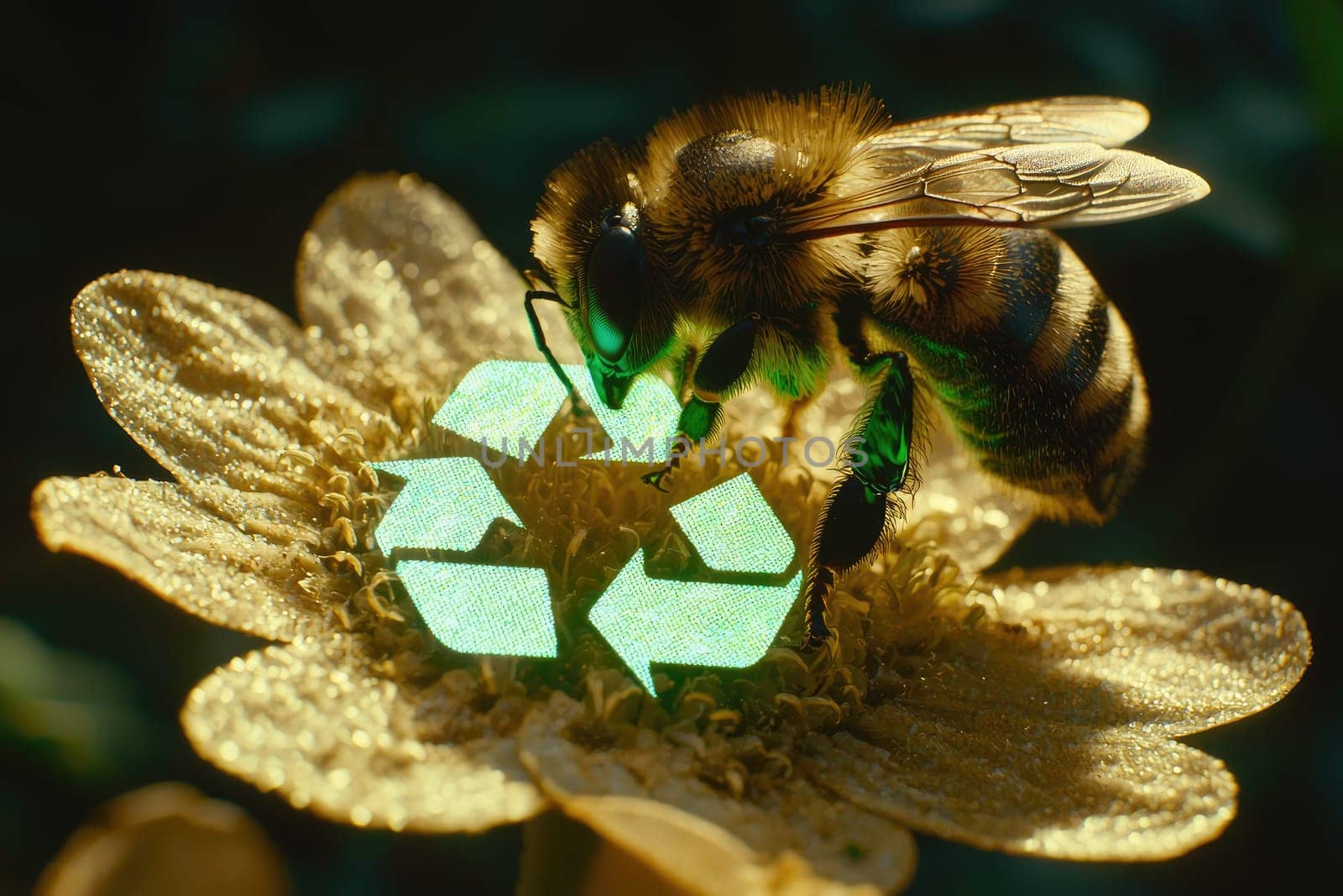 A beautiful close-up of a bee pollinating a golden flower with a green recycling symbol, symbolizing the importance of environmental stewardship and natural harmony.