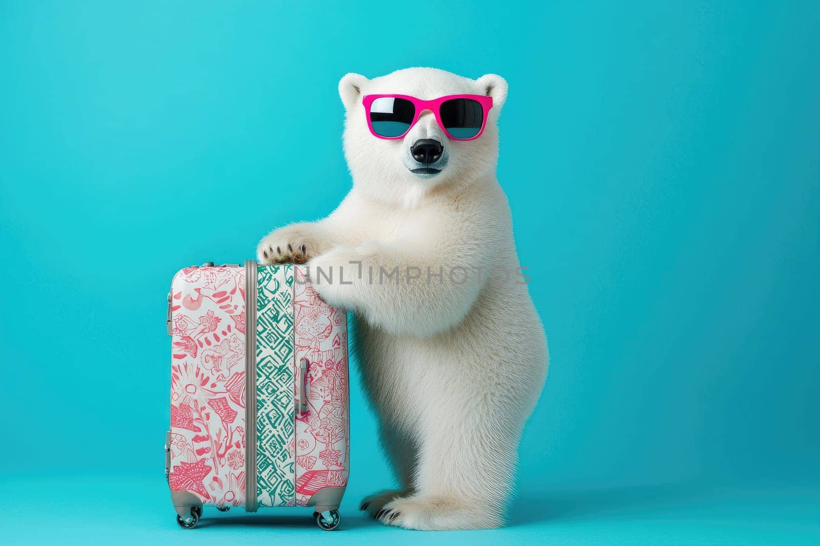 This image features a charming polar bear in sunglasses, playfully leaning on a suitcase, perfect for capturing the essence of fun-filled travel adventures.