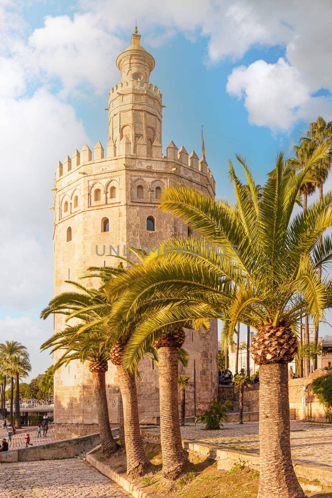 General view of the Torre del Oro in Seville at sunset. Vertical shot