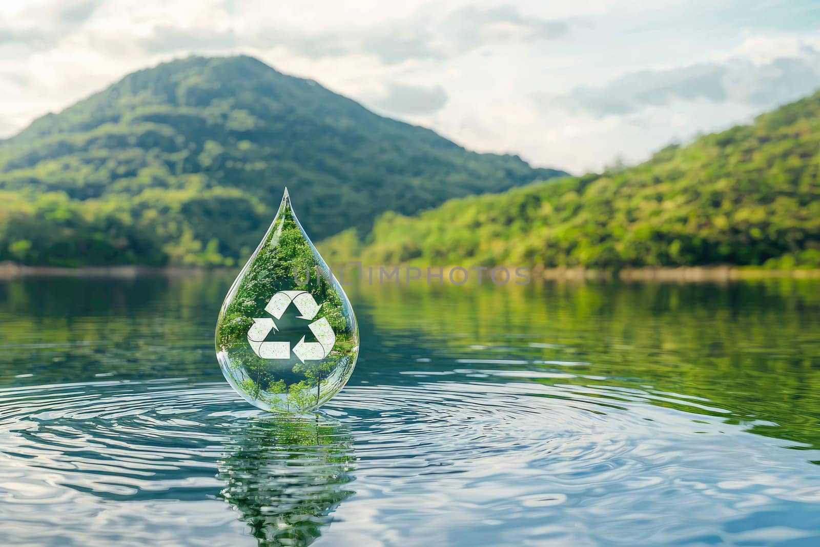 A clear water droplet featuring a recycling symbol floats above a serene lake, capturing a lush green landscape, highlighting the essence of sustainability and environmental awareness.