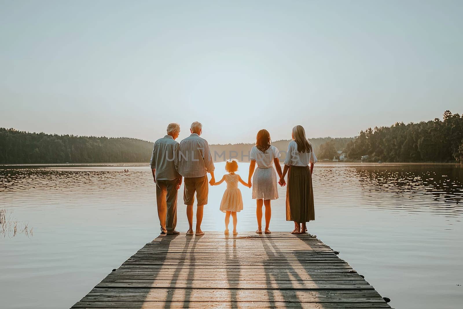 A beautiful family moment at sunset on a lakeside dock, showcasing togetherness and love, perfect for conveying warmth, connection, and the joy of spending time with loved ones.