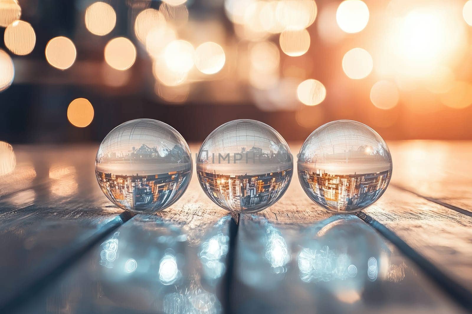 Three glass spheres sit on a wooden surface, beautifully reflecting a vibrant cityscape amidst soft bokeh lights, creating a serene and dreamlike atmosphere perfect for artistic visuals.